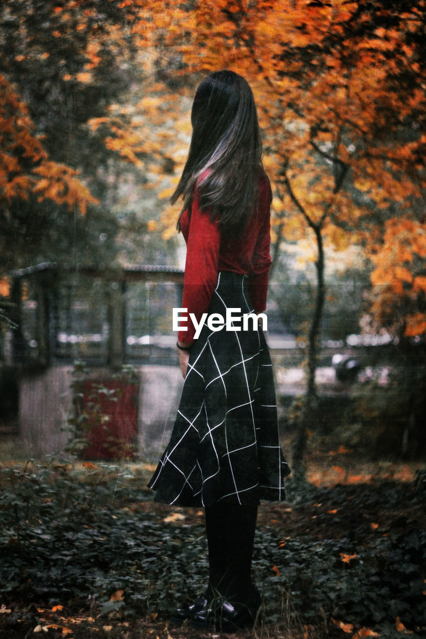 Woman standing against trees during autumn