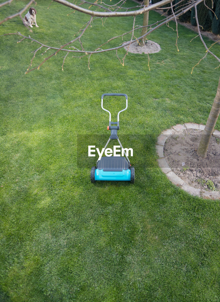 Lawnmover hand held machine. hand lawn mower. lawn mower on a green meadow.