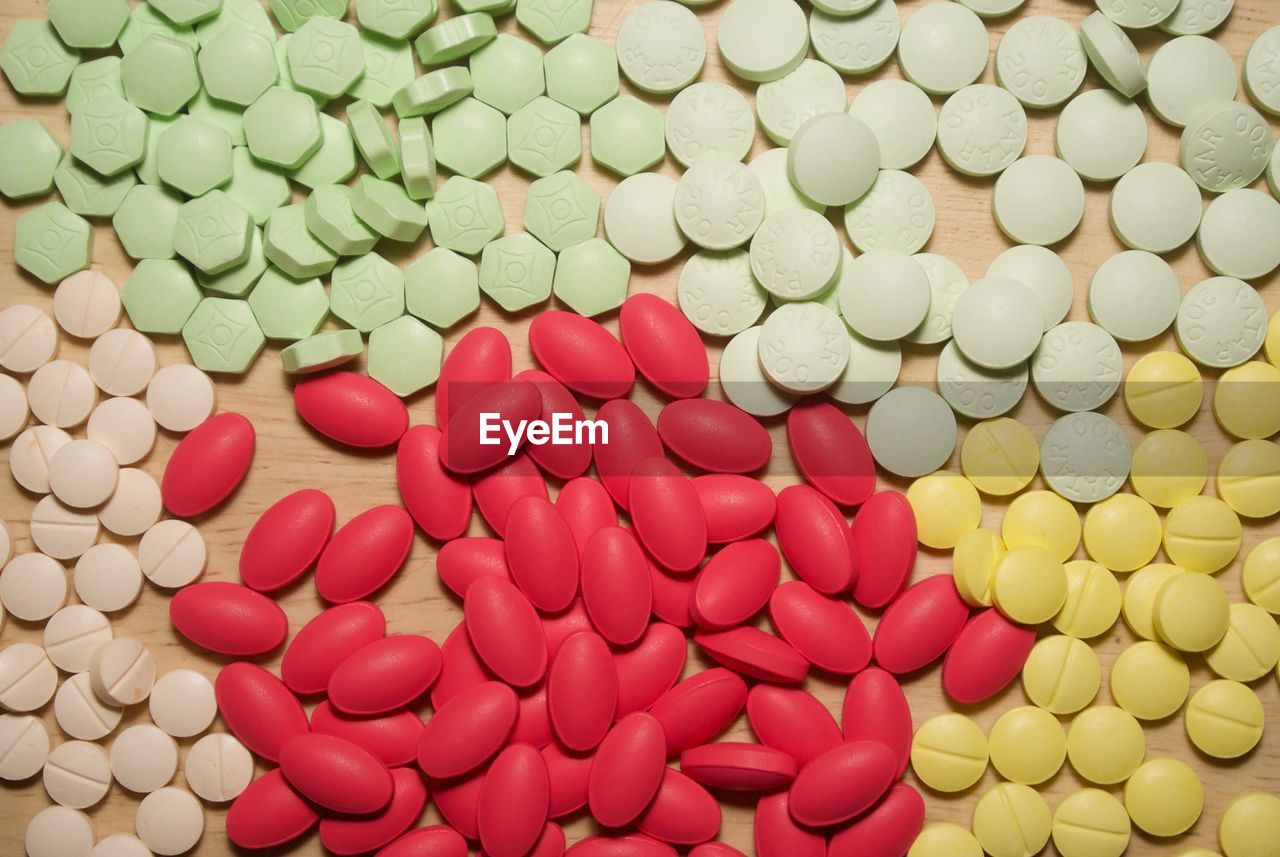 Full frame shot of colorful pills on table