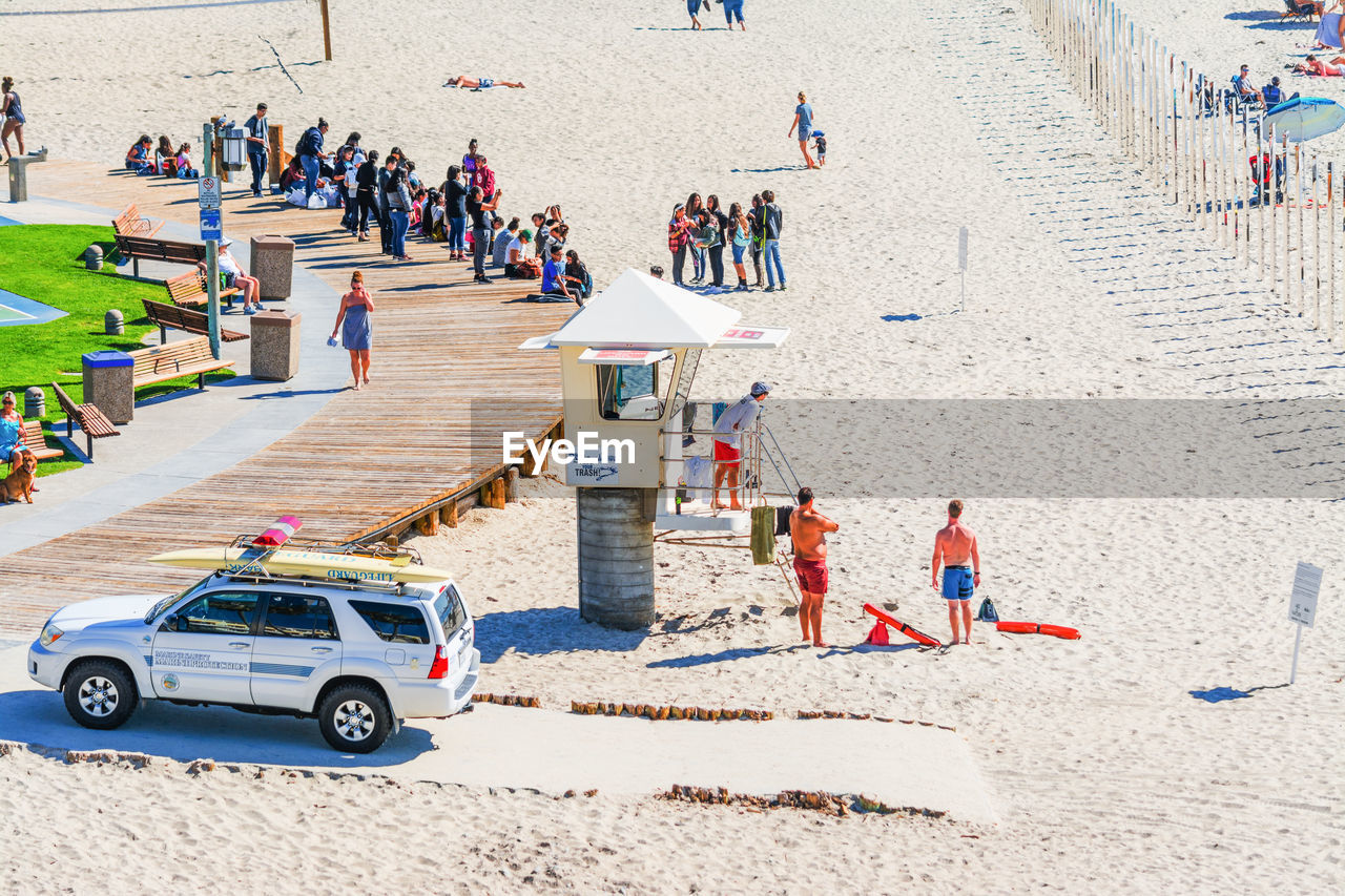 HIGH ANGLE VIEW OF CARS ON BEACH