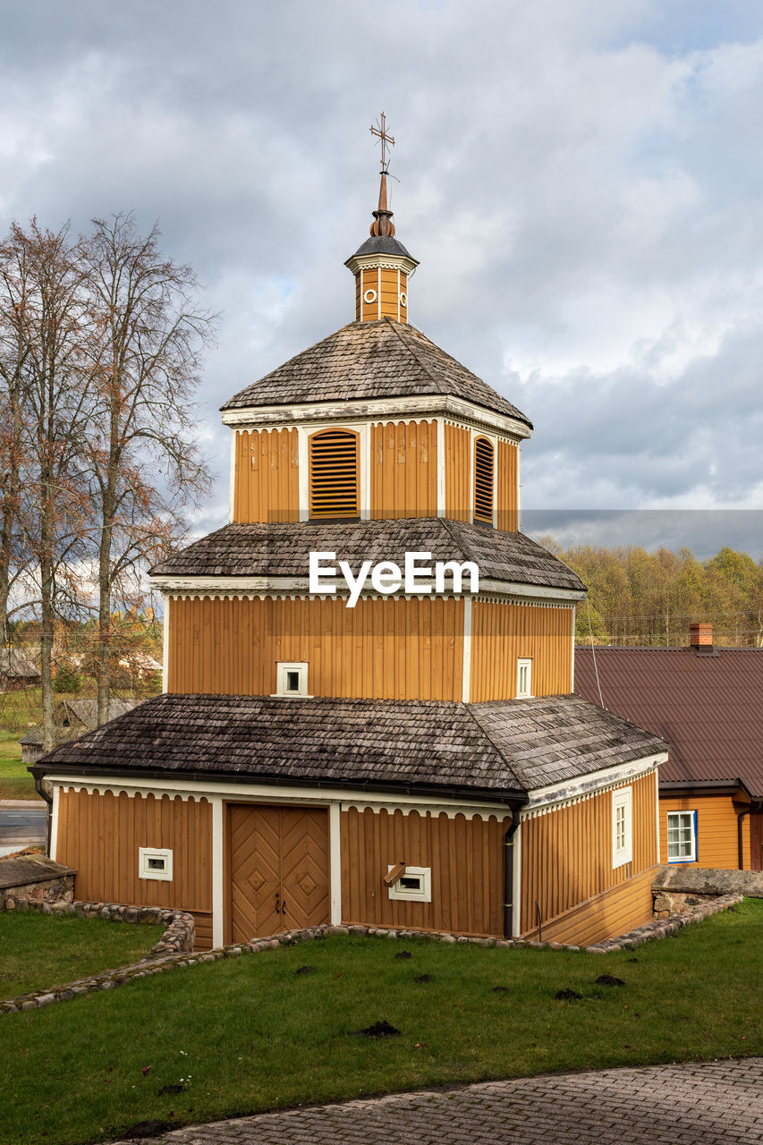 Wooden old labanoras belfry or bell tower lithuania, vertical