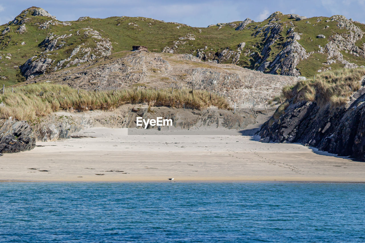 Small empty beach with blue water between rocky hills, green grass on inishbofin island, ireland