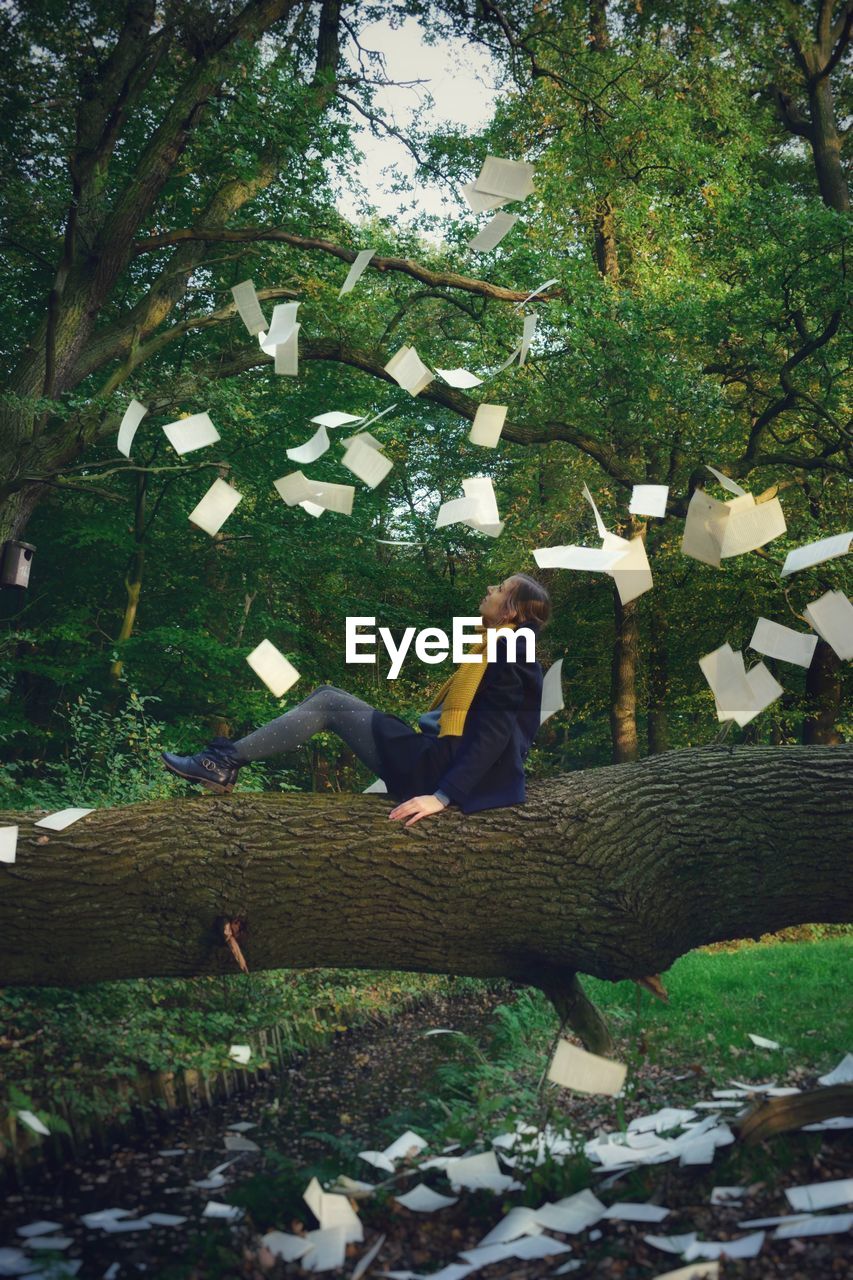 Woman sitting on tree trunk amidst papers