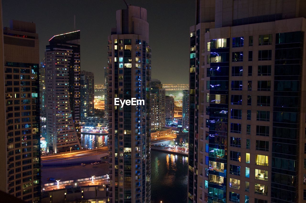 Illuminated buildings at night