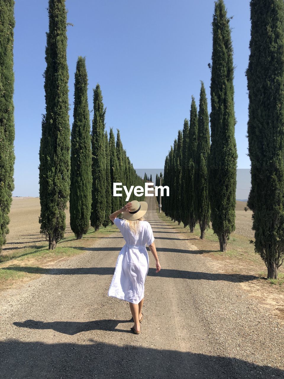 Full length of woman walking by trees against sky