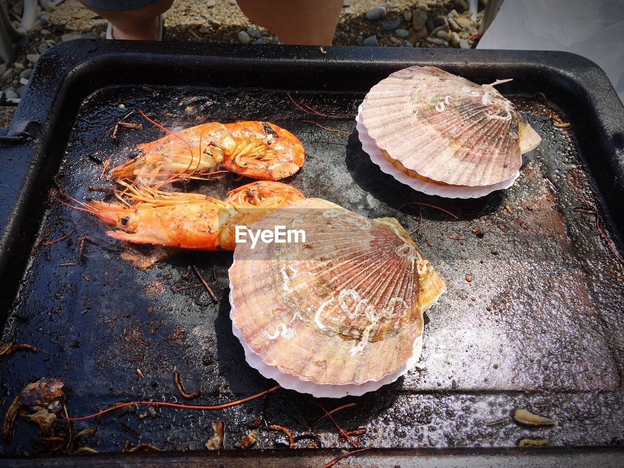 High angle view of shrimps and scallop shells in tray