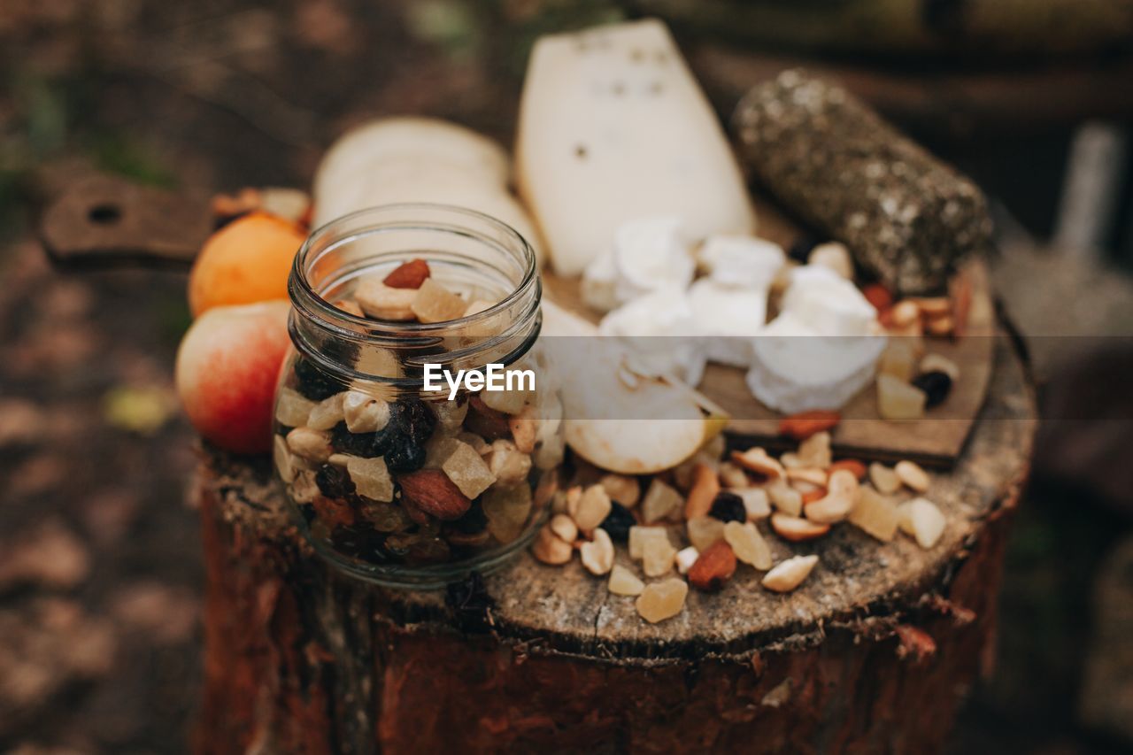 High angle view of dried food on table