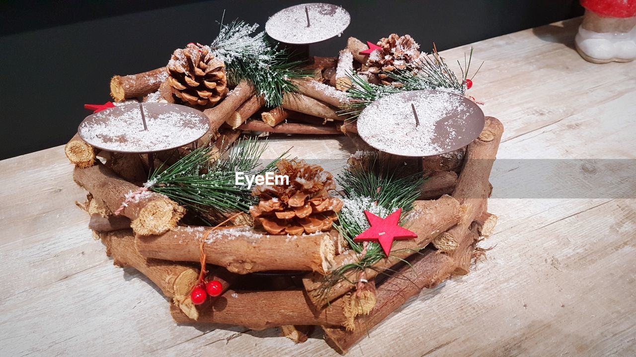 High angle view of christmas tree on table