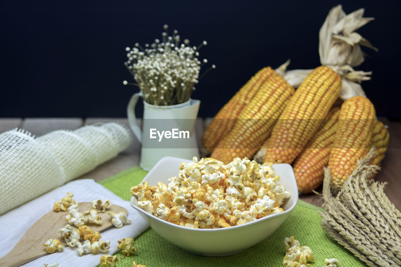 Close-up of popcorn in bowl on table