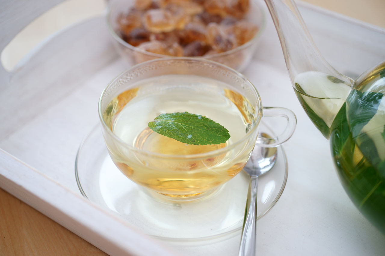 Fresh brewed mint tea on tray with teacup teapot and candi sugar healthy living