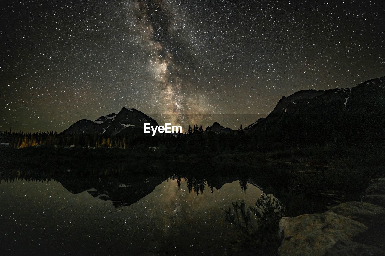 Scenic night shot of milky way over a mountain reflected in a still lake.