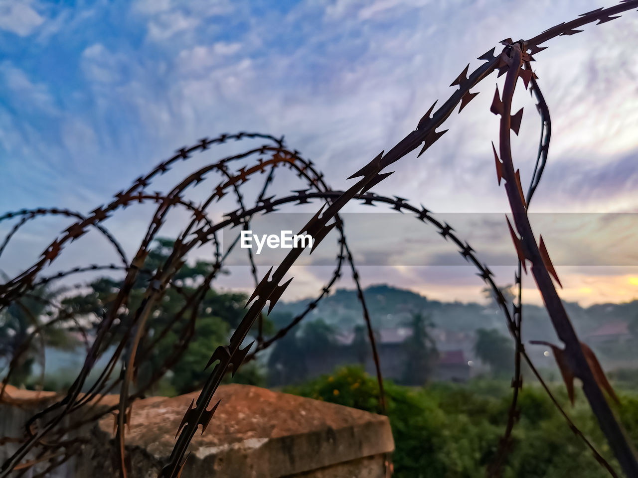 Close-up of razor wire against sky
