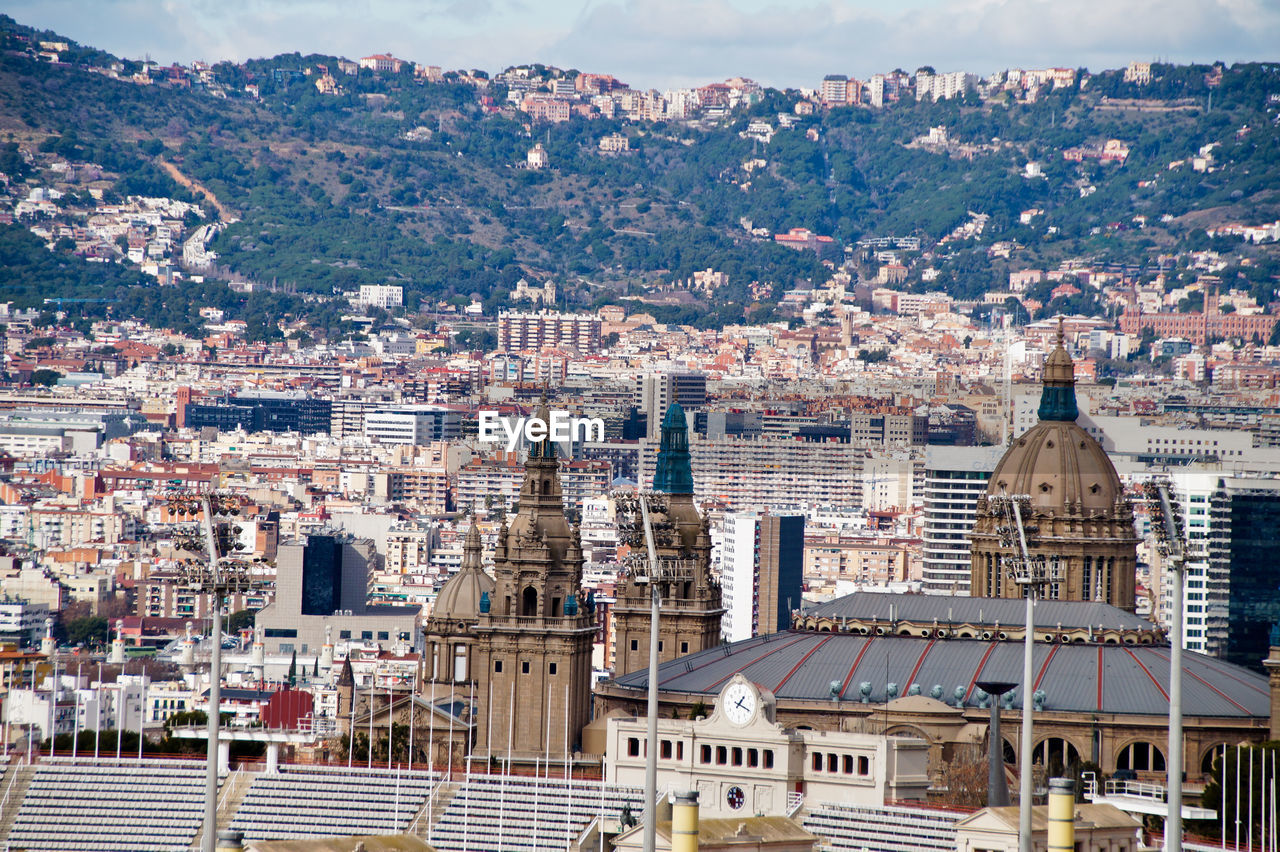 High angle view of buildings in city