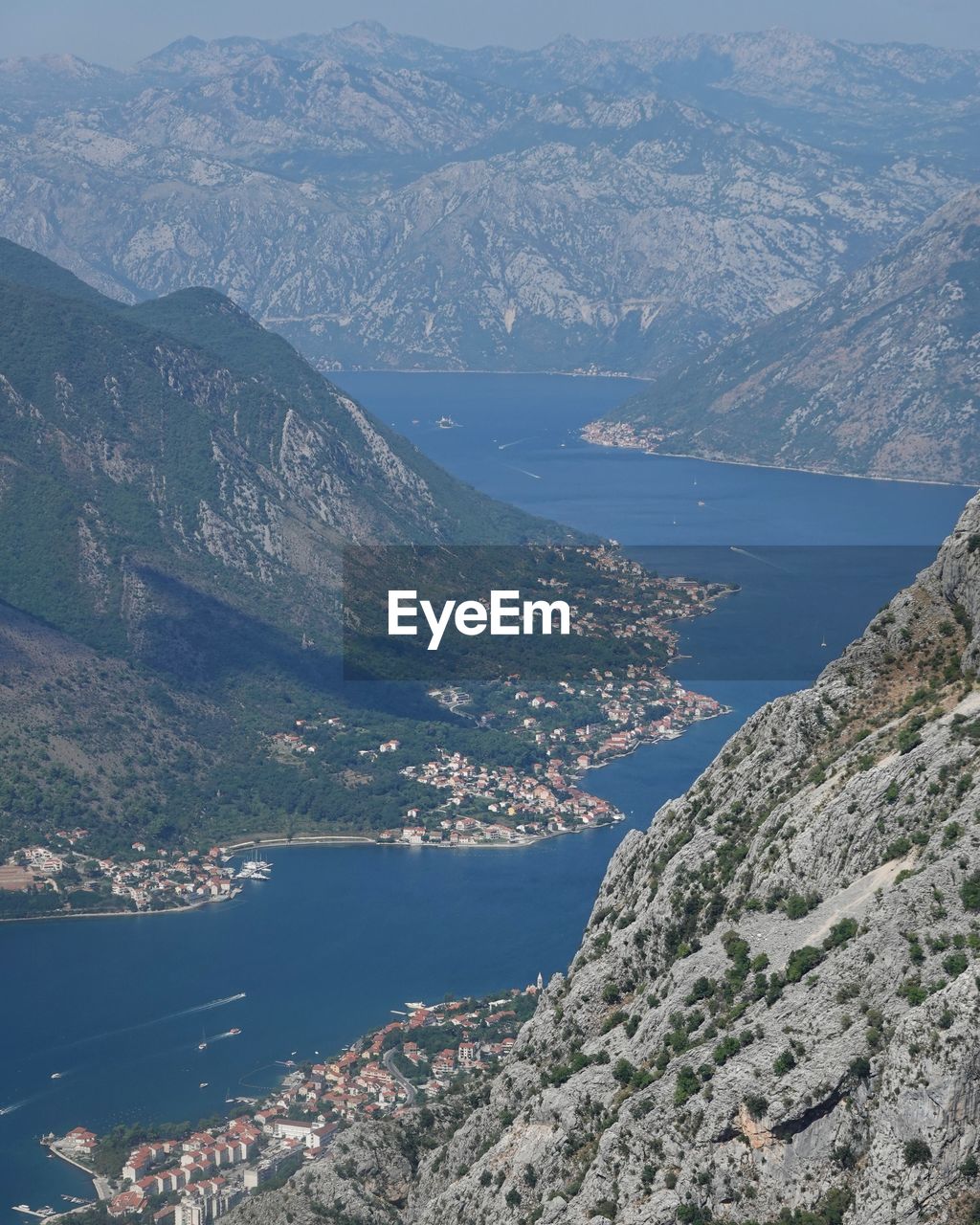 High angle view of sea and mountains