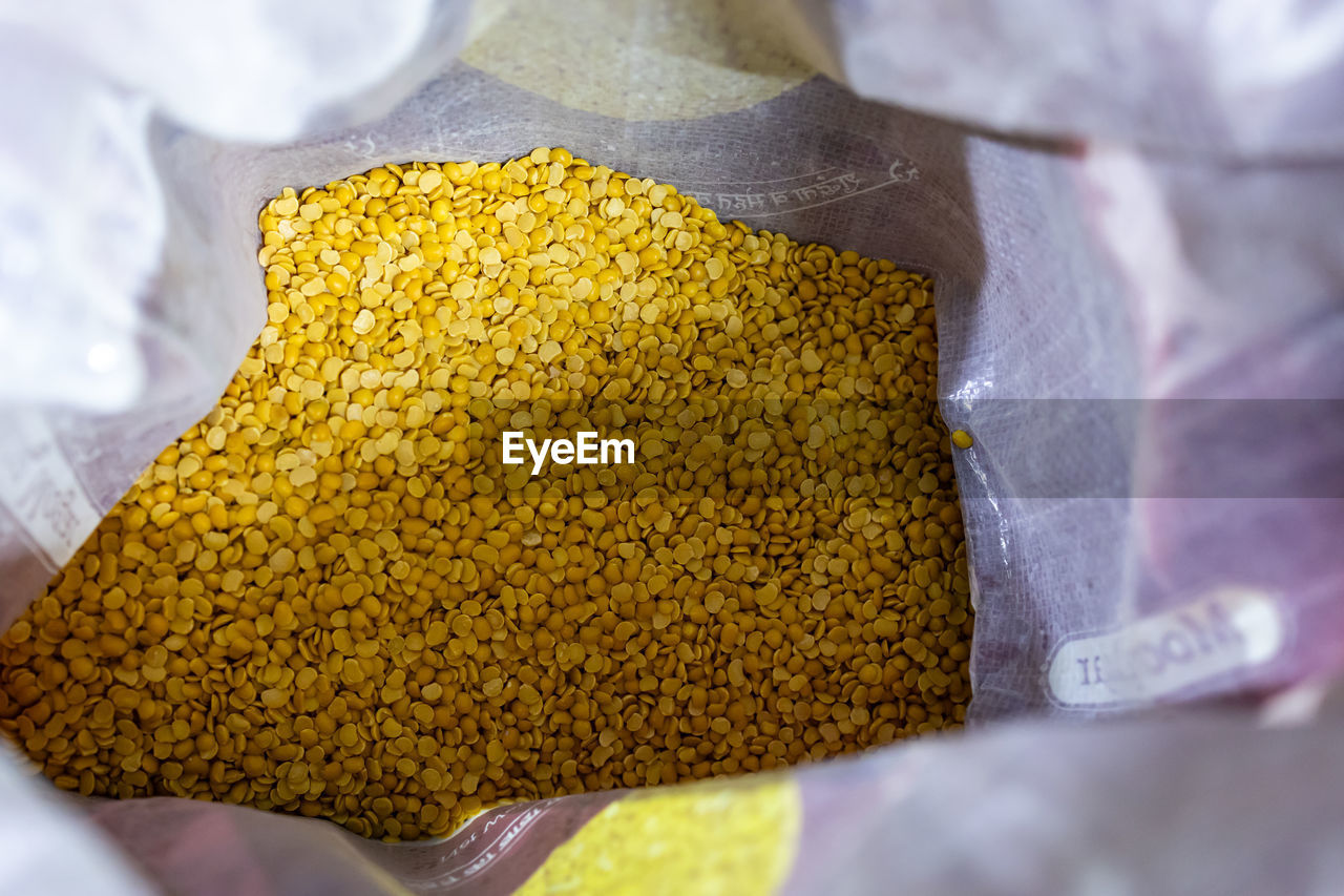 Split pigeon pea for sale at retail shop from top angle at day