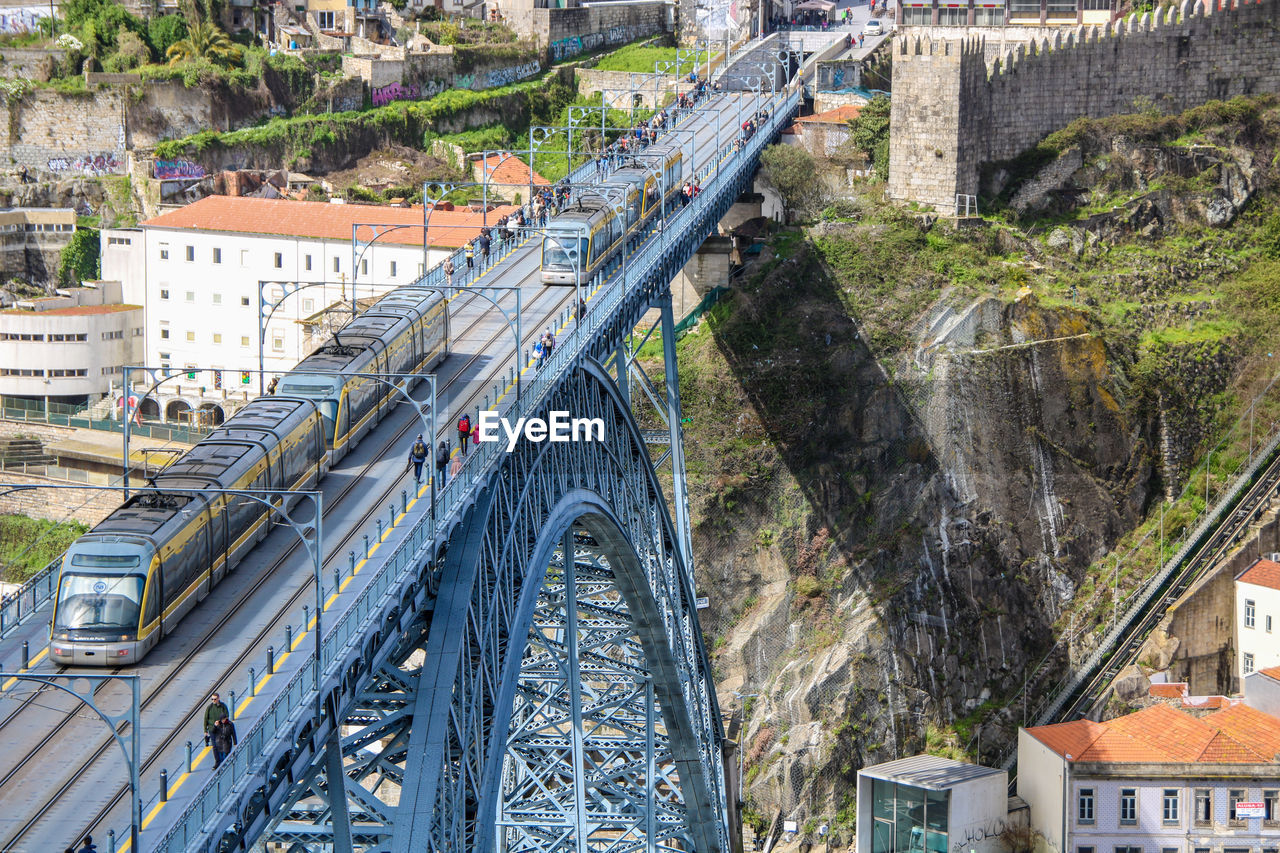 HIGH ANGLE VIEW OF RAILROAD TRACKS BY CITY