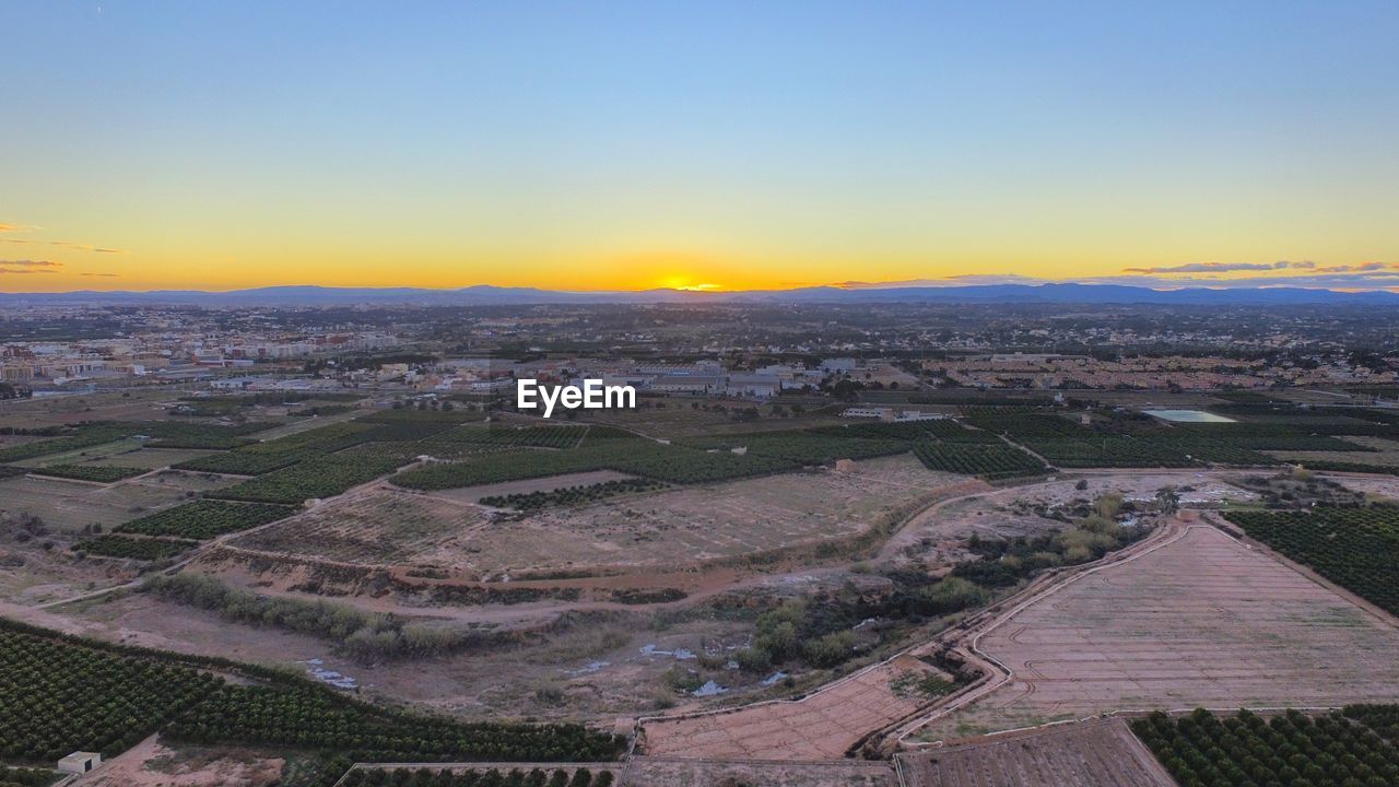 Aerial view of crops growing on farm at sunset