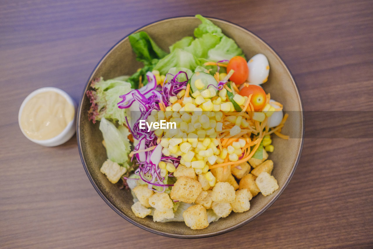 High angle of vegetable salad in a bowl on the table