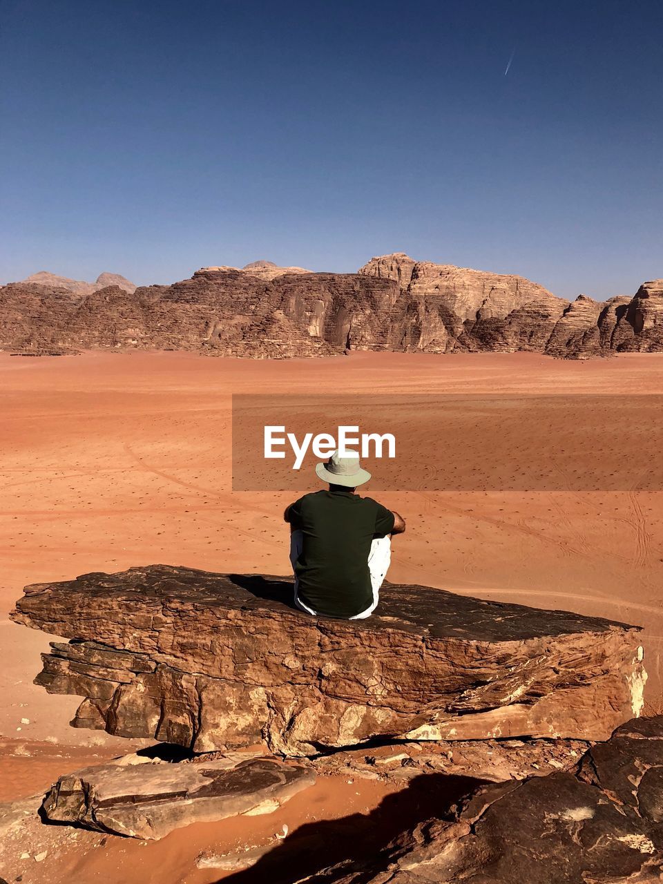 Rear view of man sitting on desert