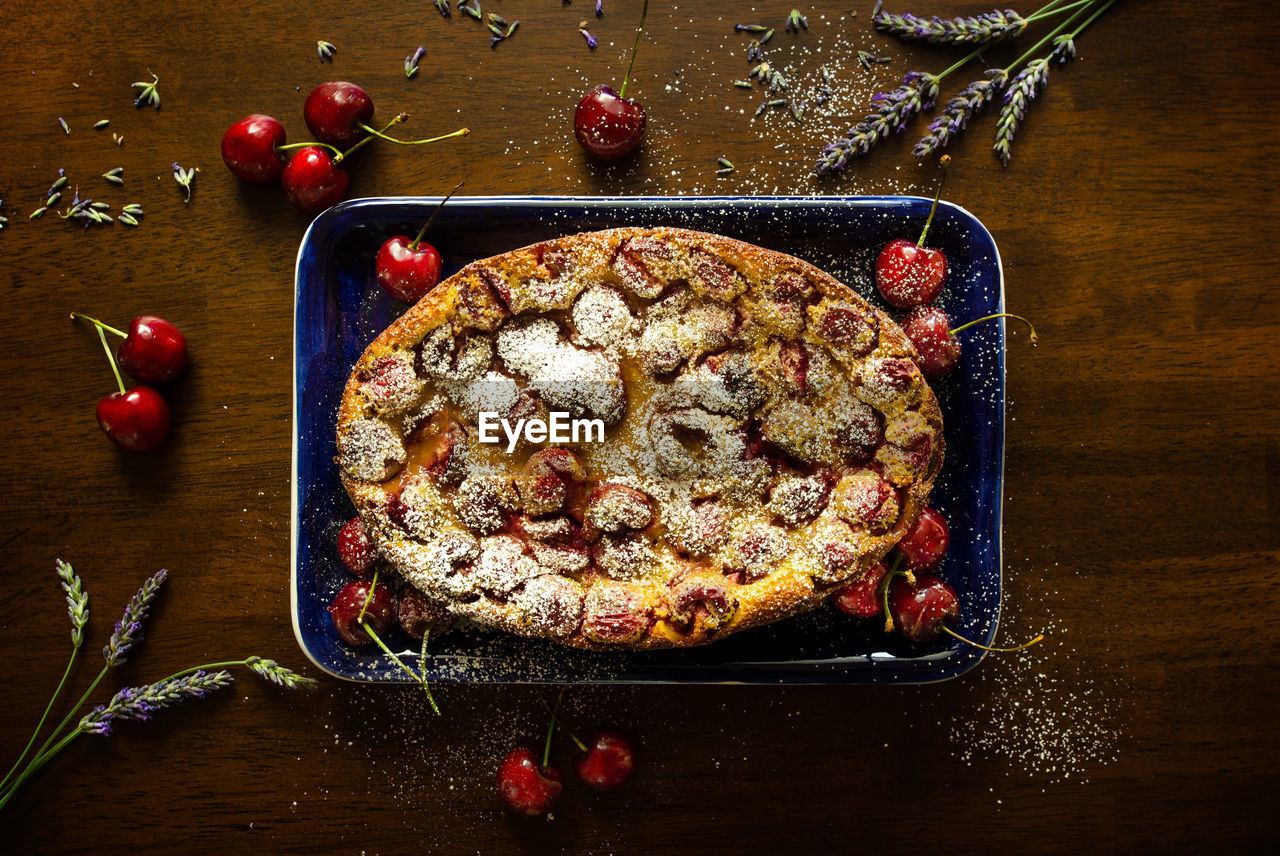 Directly above shot of cherry clafoutis served on table