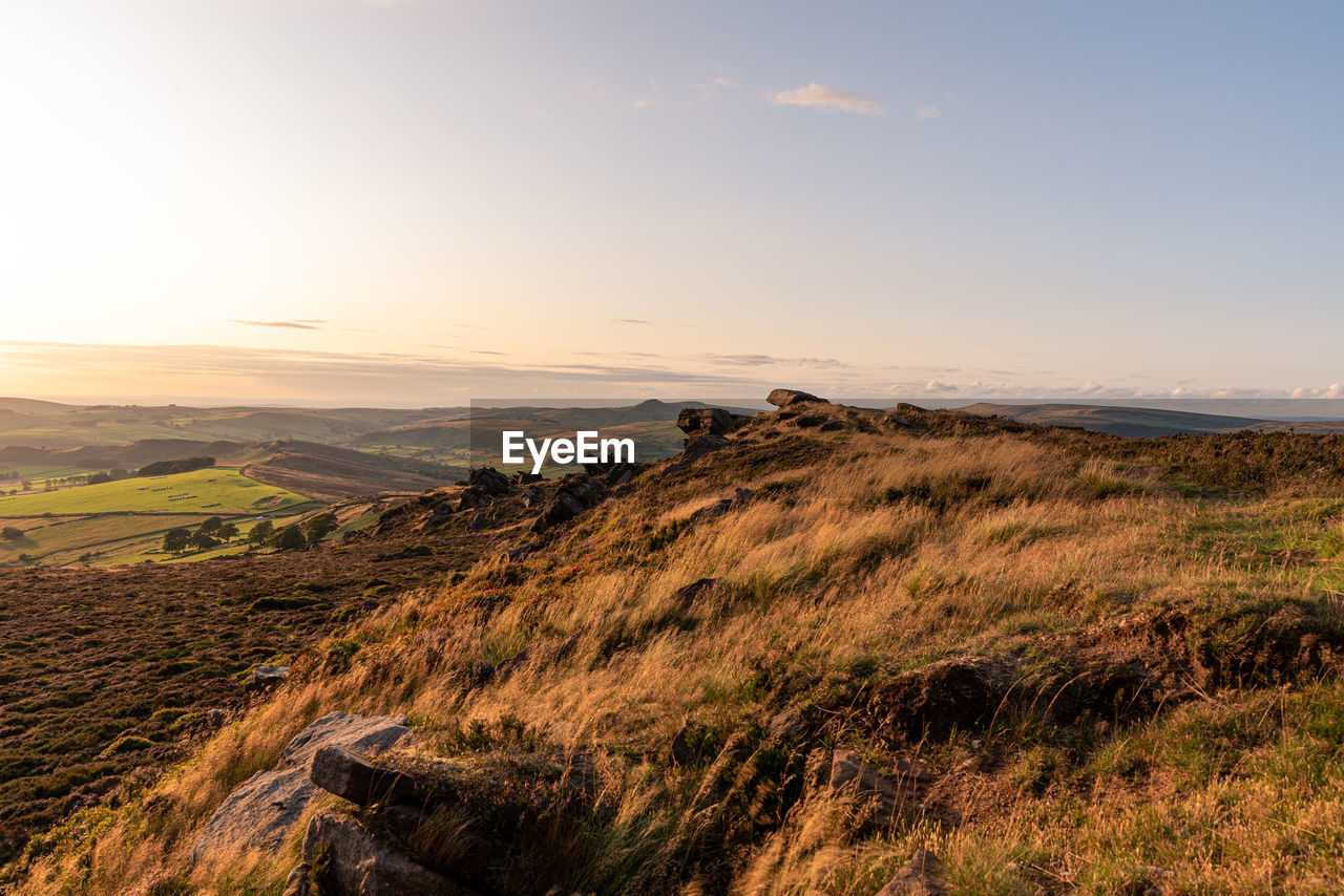SCENIC VIEW OF FIELD AGAINST SKY AT SUNSET