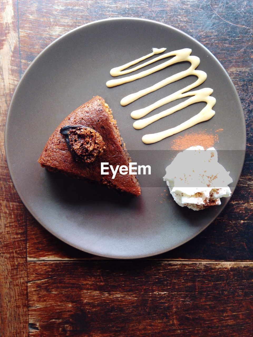 High angle view of baked pastry cake in plate