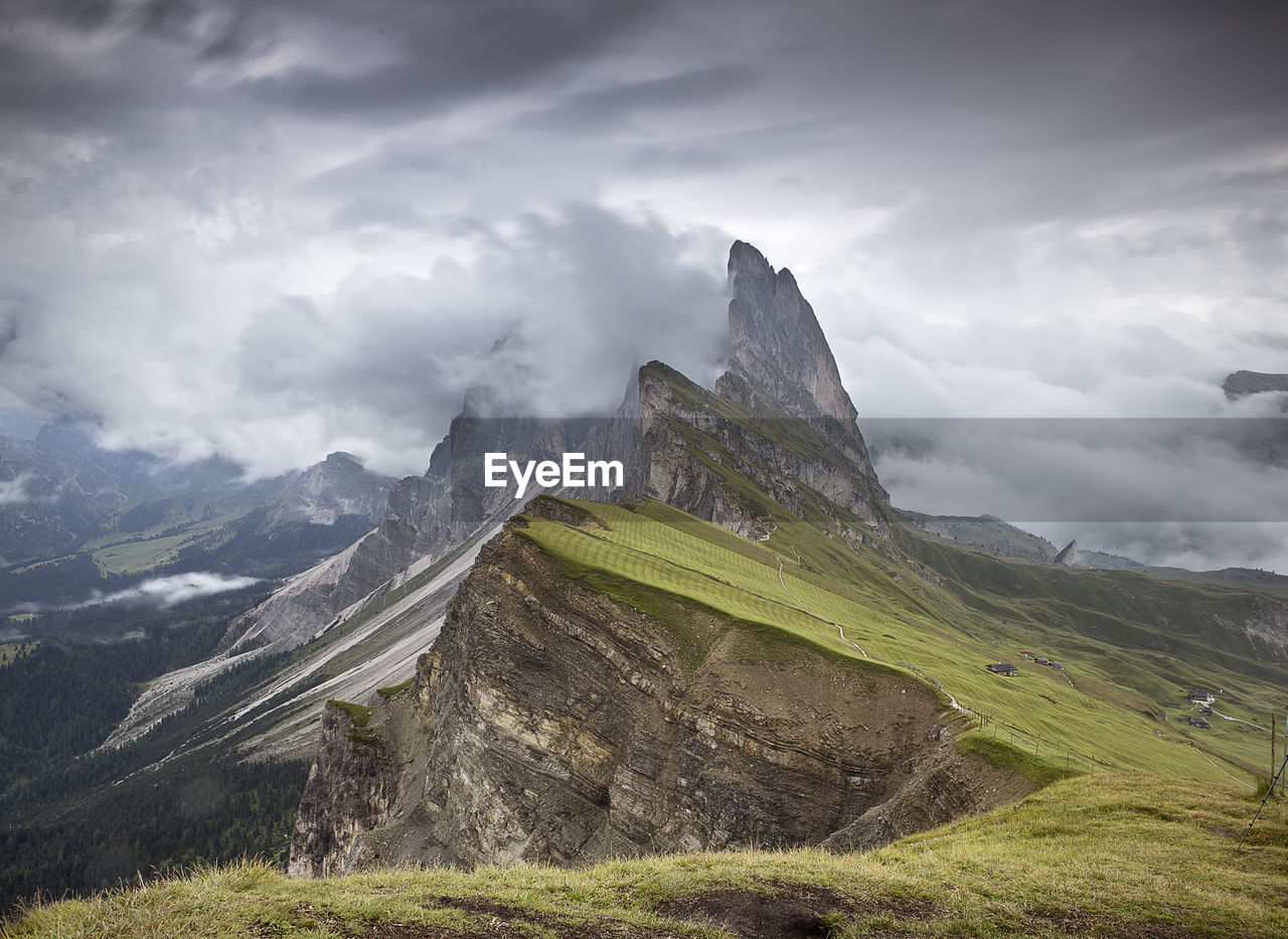 Scenic view of mountains against cloudy sky