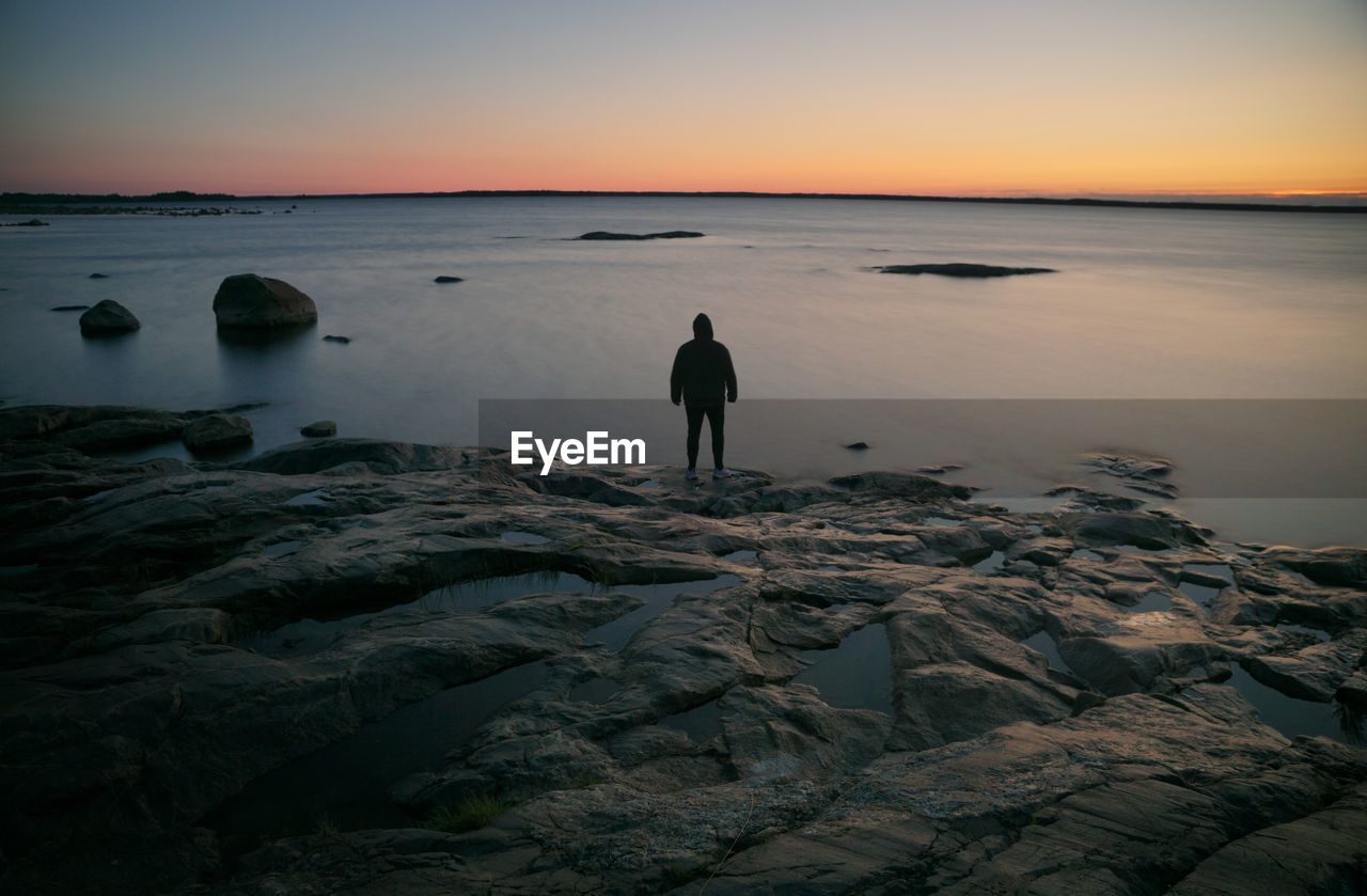 Rear view of man standing on rock at beach