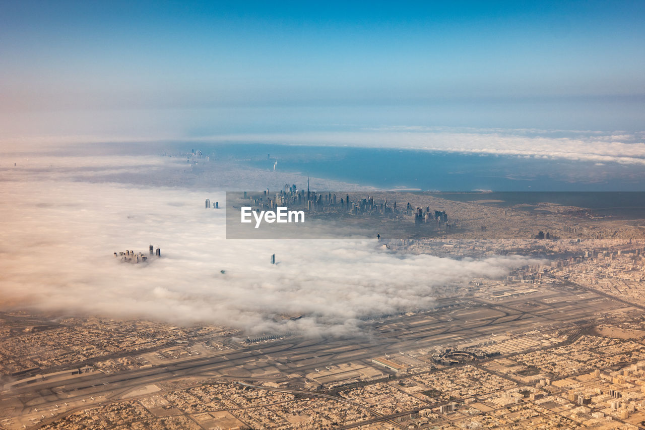 Aerial view fog over city