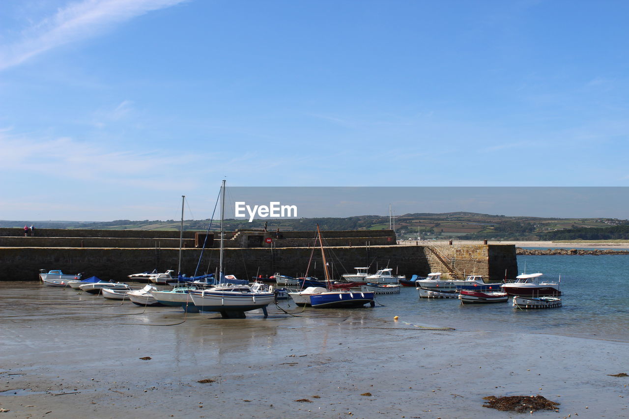 SAILBOATS MOORED ON SHORE AGAINST SKY