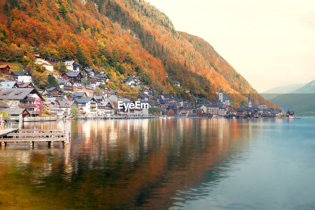 Scenic view of lake by mountain against sky