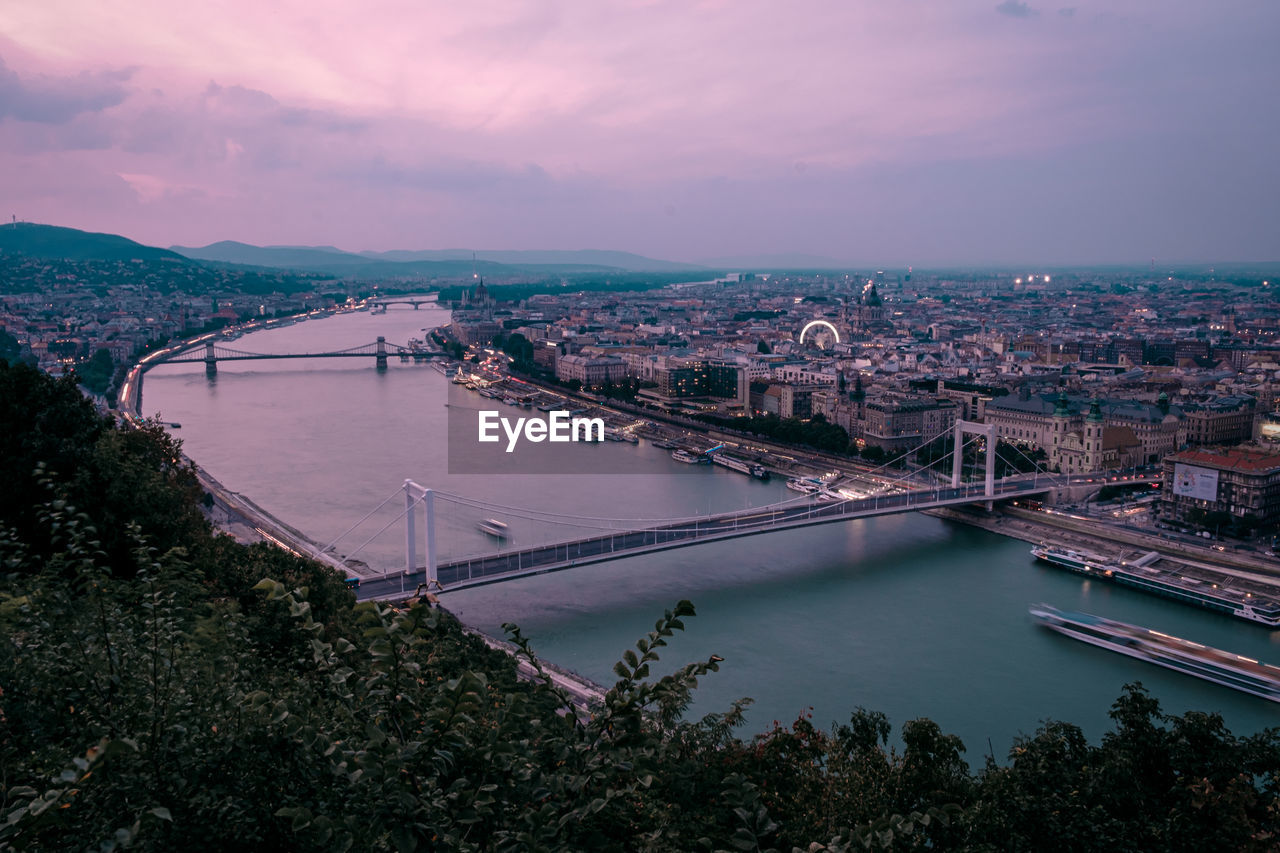 High angle view of bridge in budapest over river danube 
