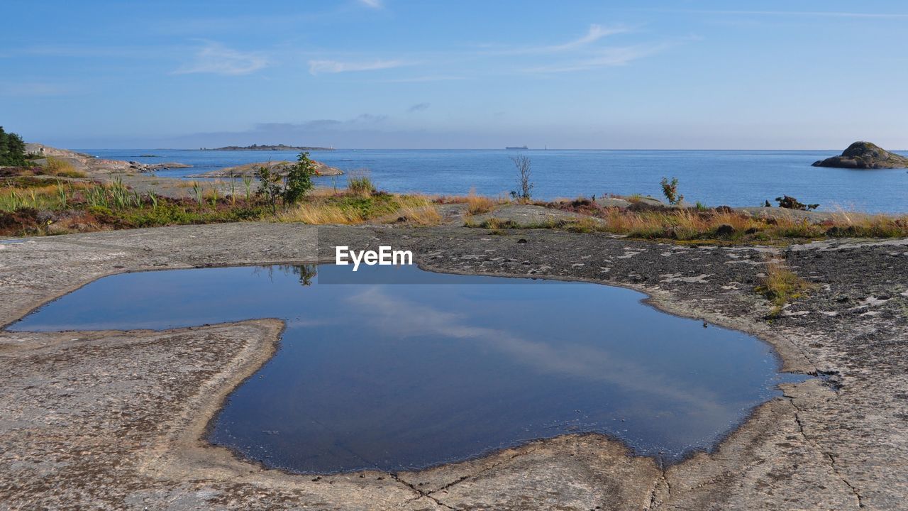 SCENIC VIEW OF SEA SHORE AGAINST SKY