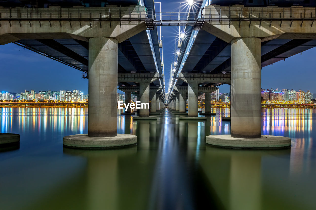 Bridge over river against sky in city