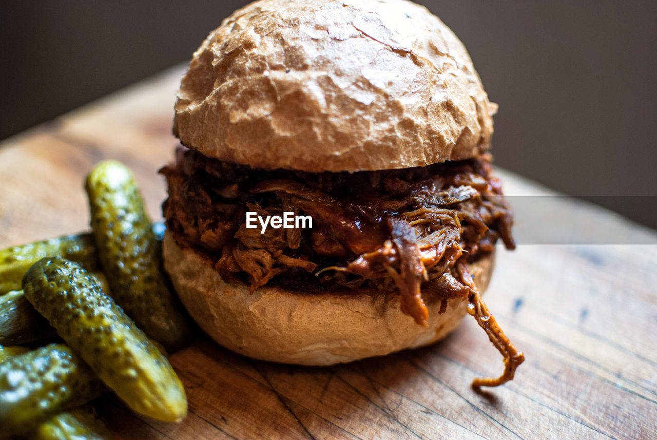 Close-up of pulled pork burger