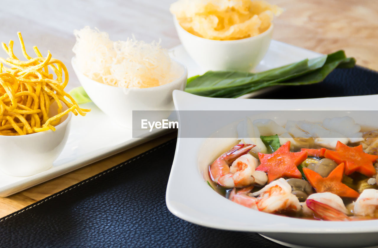 HIGH ANGLE VIEW OF FOOD SERVED ON TABLE