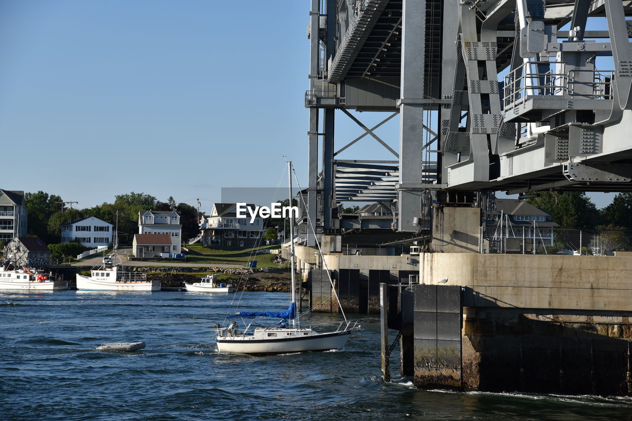 Boats in river with buildings in background