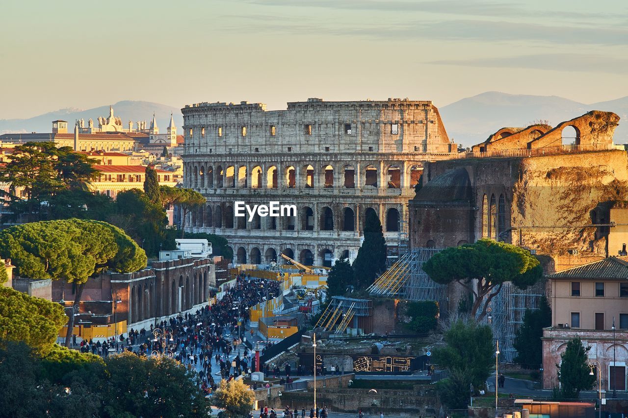 High angle view of coliseum buildings in city