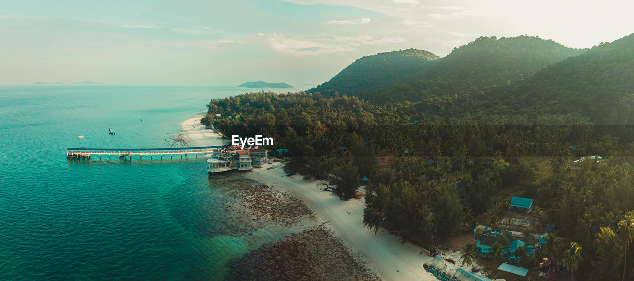 high angle view of boats in sea against sky