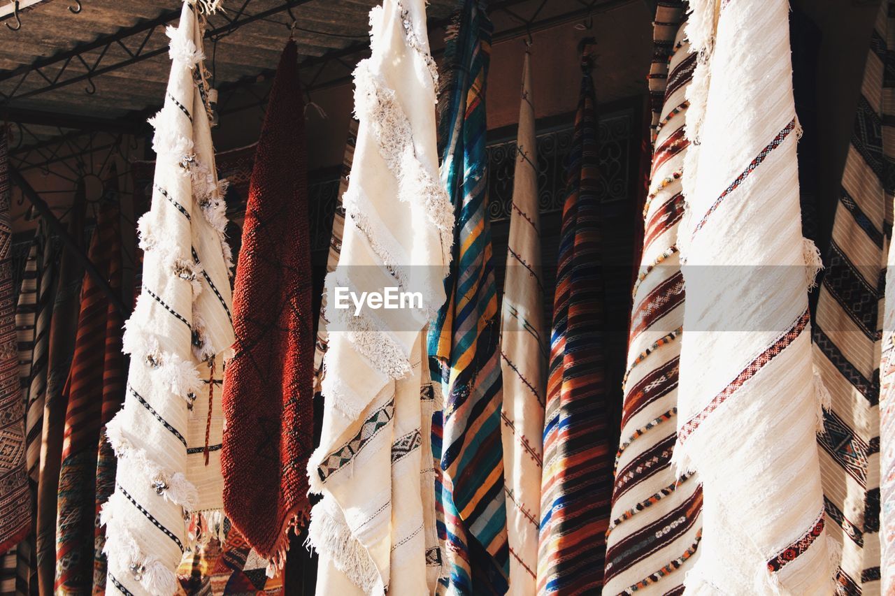 Low angle view of carpets market stall