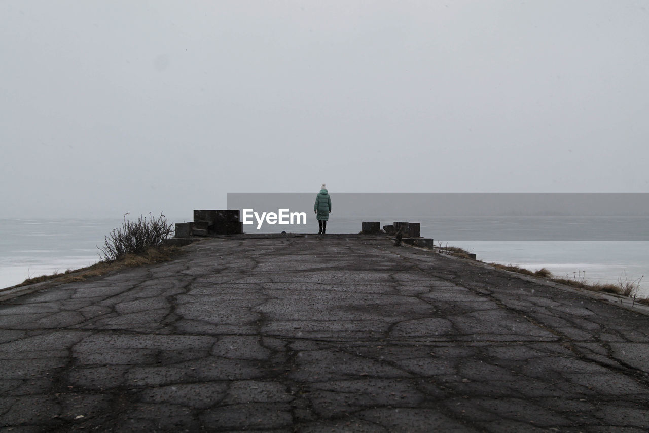 Rear view of man standing by sea against clear sky