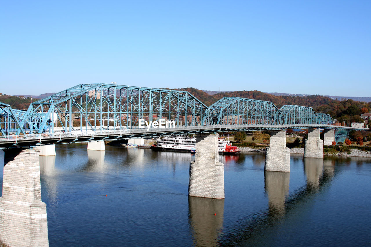 Bridge over river against clear blue sky