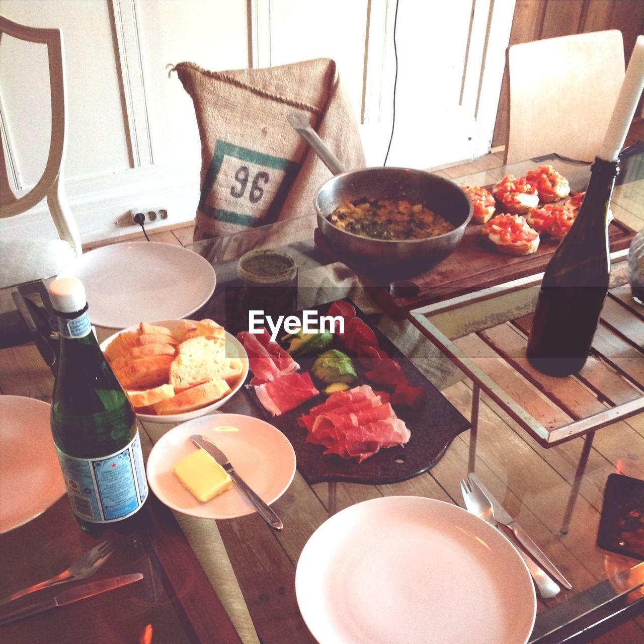 Close-up of food served with drinks