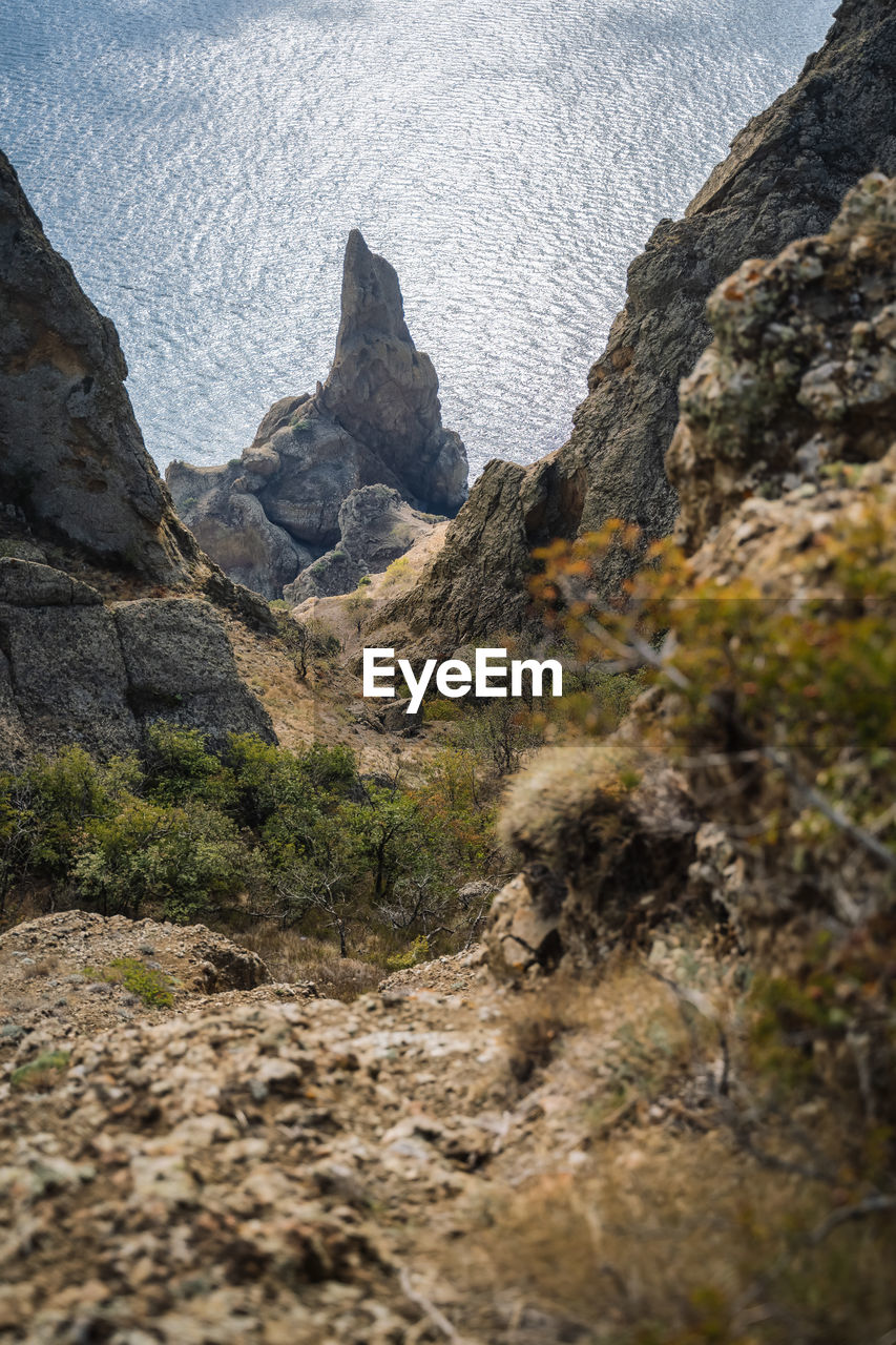 Mysterious part of majestic karadag volcanic mountain range in eastern crimea, on a black sea shore