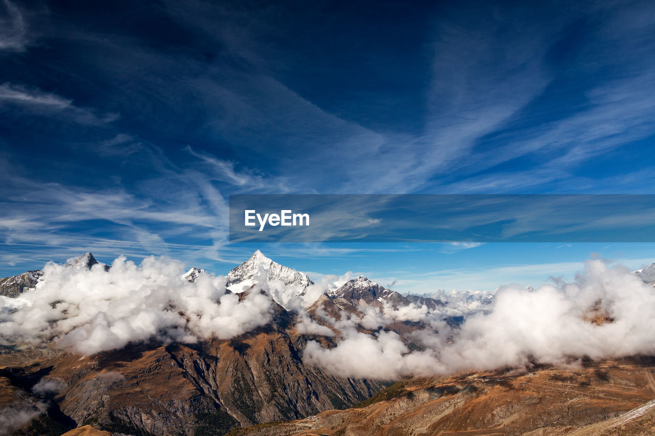 Scenic view of snow covered mountains against sky