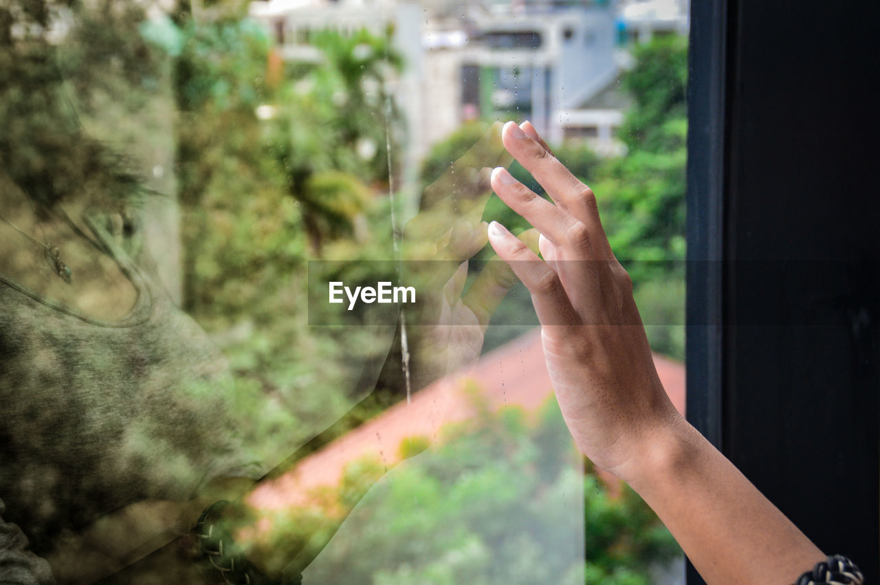 Close-up of hand against window