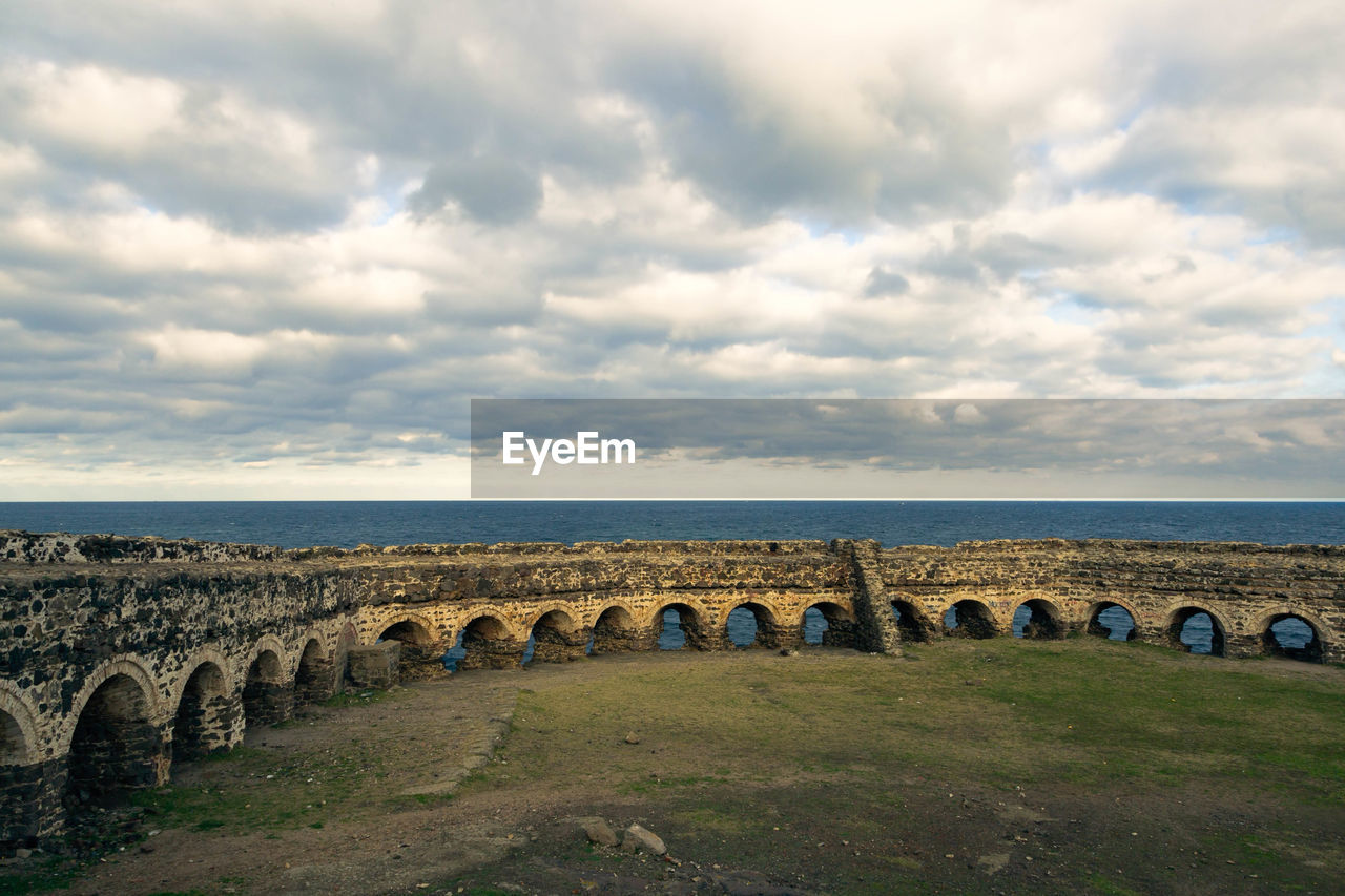 Yoros castle by sea against cloudy sky