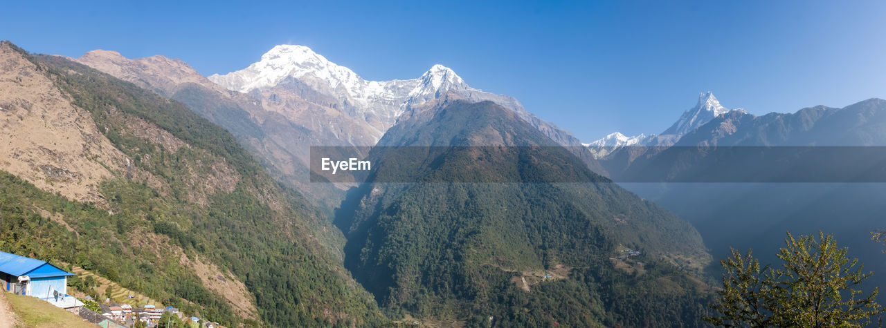 Panoramic shot of mountains against clear blue sky