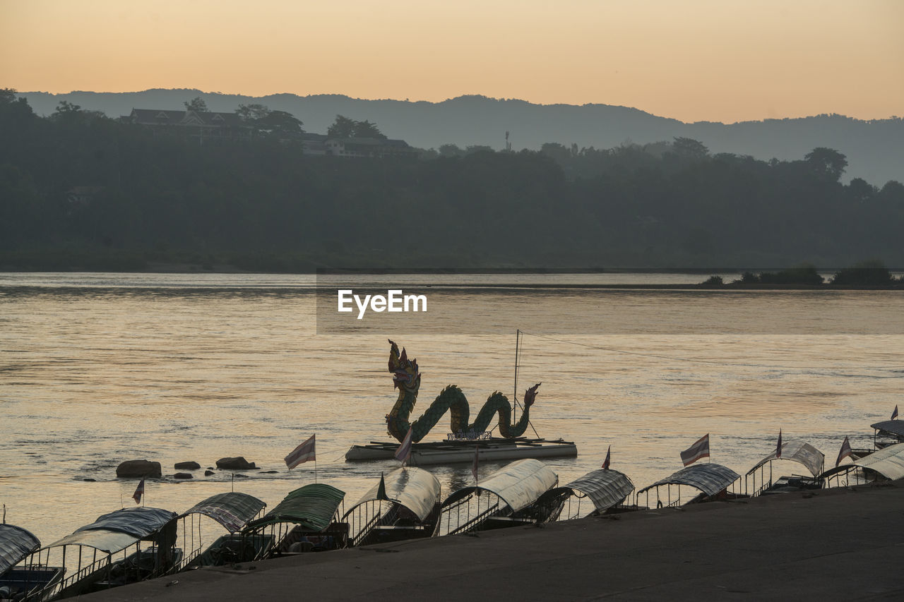 VIEW OF BIRDS ON BEACH AT SUNSET