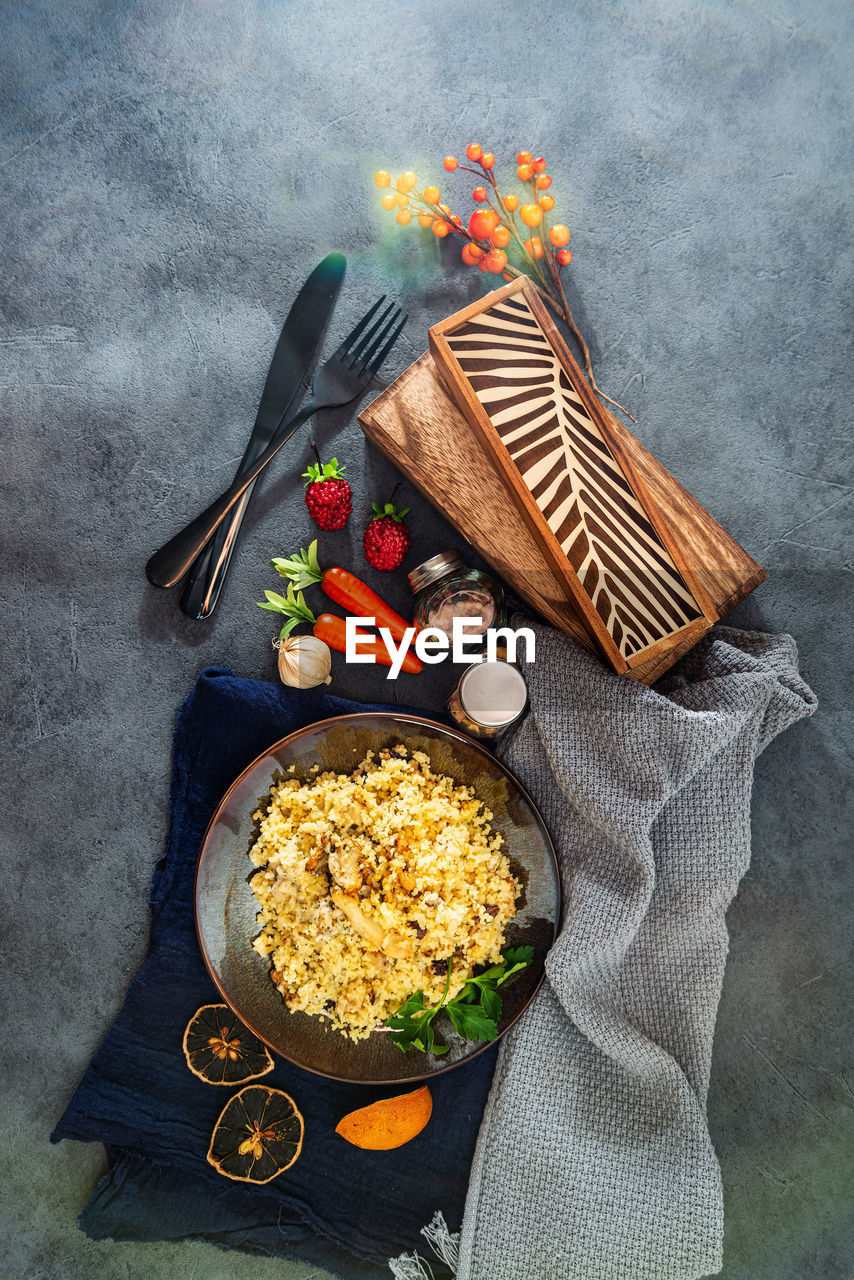 HIGH ANGLE VIEW OF MEAL SERVED ON TRAY